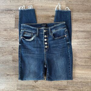 Judy Blue Womens Button Fly Skinny Fit Jeans 5/27 High Rise Dark Wash Raw Hem